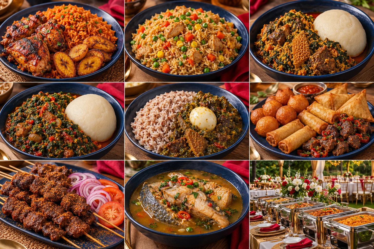 Nigerian rice dishes, soups, small chops, suya and an event buffet